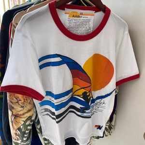 Aviator Nation White Crop Top with Red Trim and Multicolor Graphic